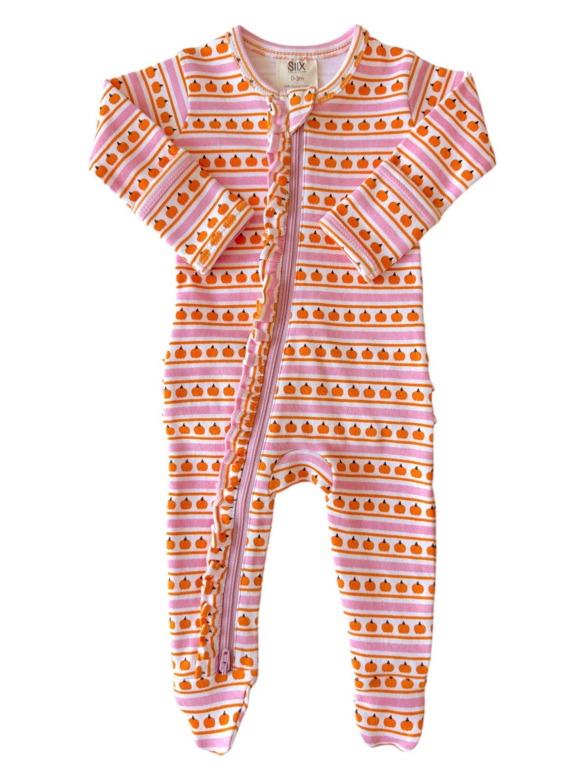 Pumpkin Stripe Pink / Organic Frill Zip Footie