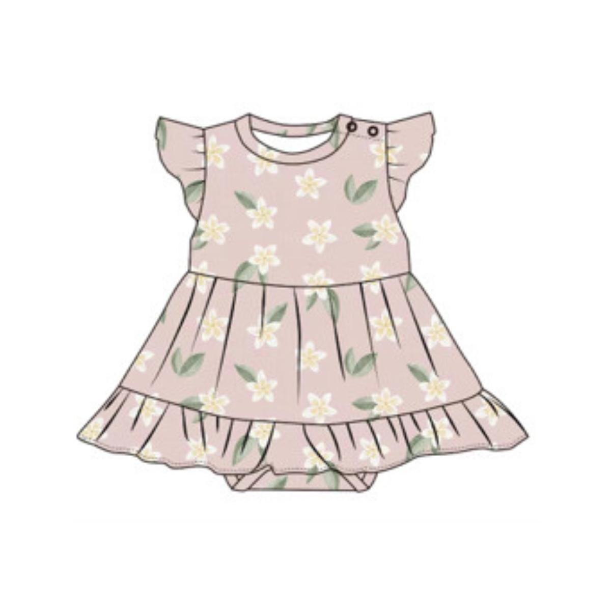 Bamboo Ruffle Sleeve Skirted Romper - Plumeria