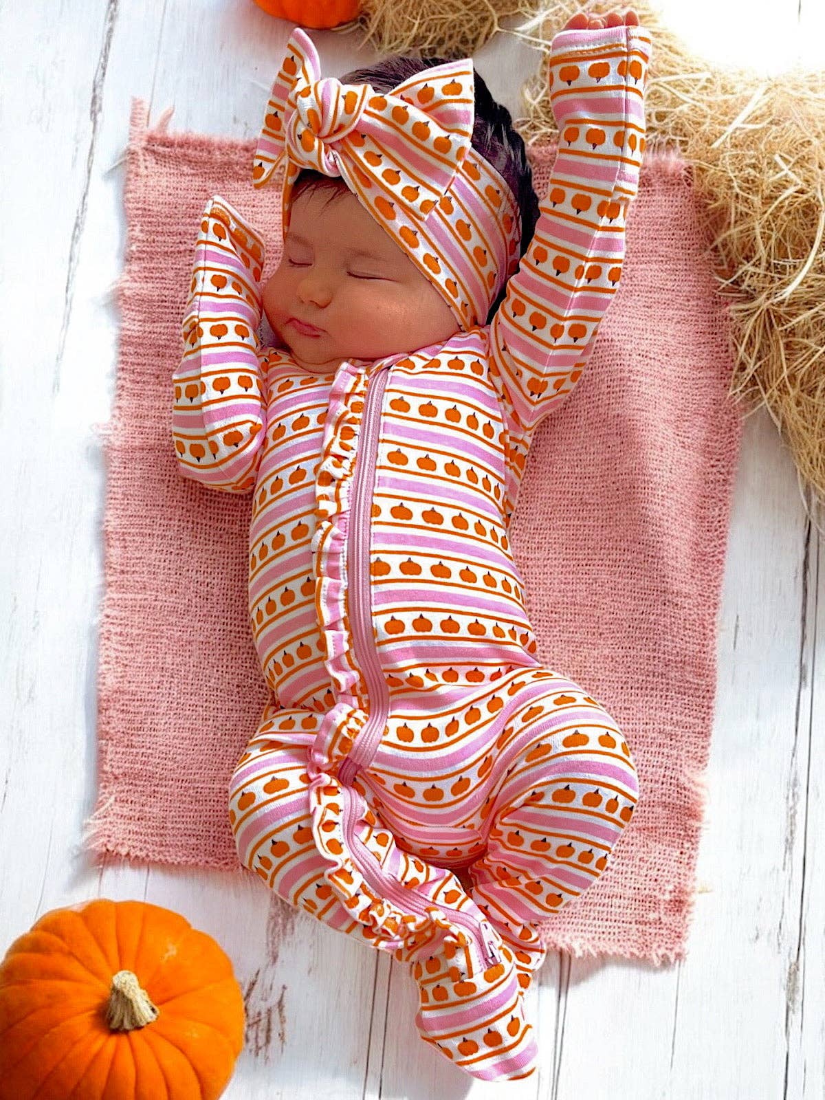 Pumpkin Stripe Pink / Organic Frill Zip Footie