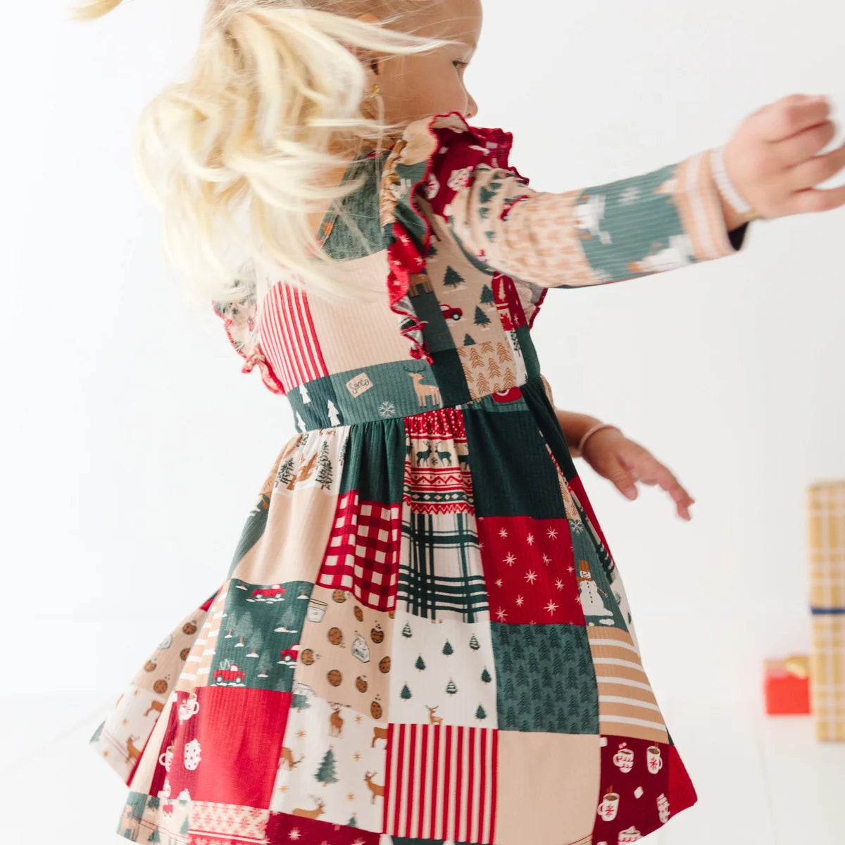 Patchwork Small Ribbed Ruffle Long Sleeve Dress
