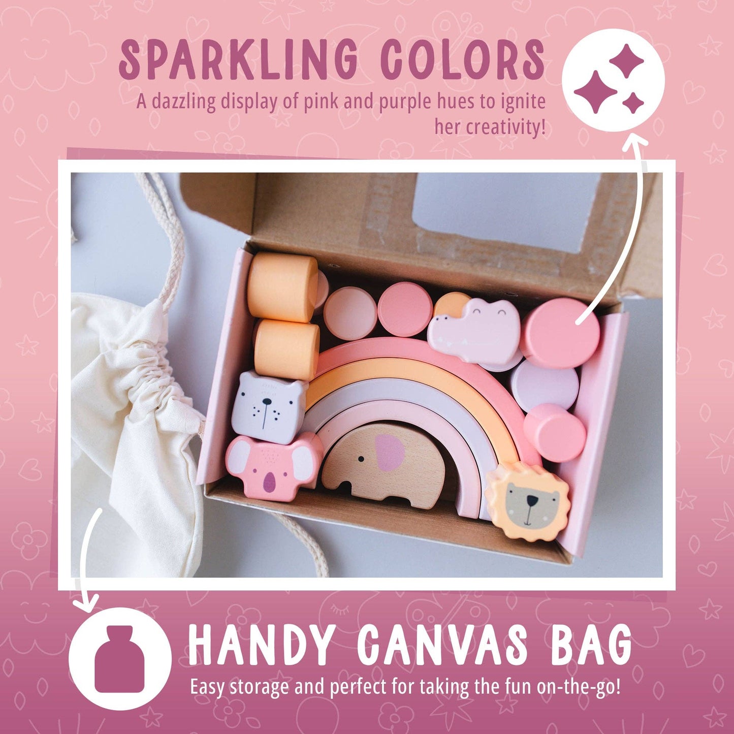 Pink Animal Stacking Set - 21 Pieces included with Storage Bag - Wooden Rainbow Stacker Gift for Girls