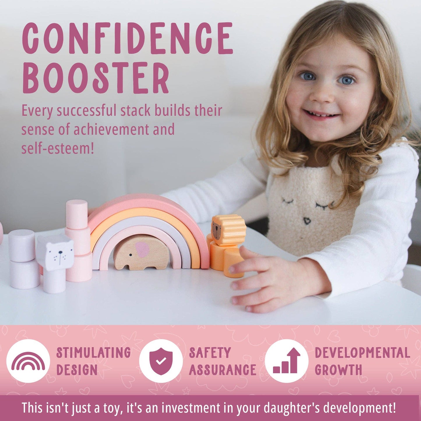 Pink Animal Stacking Set - 21 Pieces included with Storage Bag - Wooden Rainbow Stacker Gift for Girls