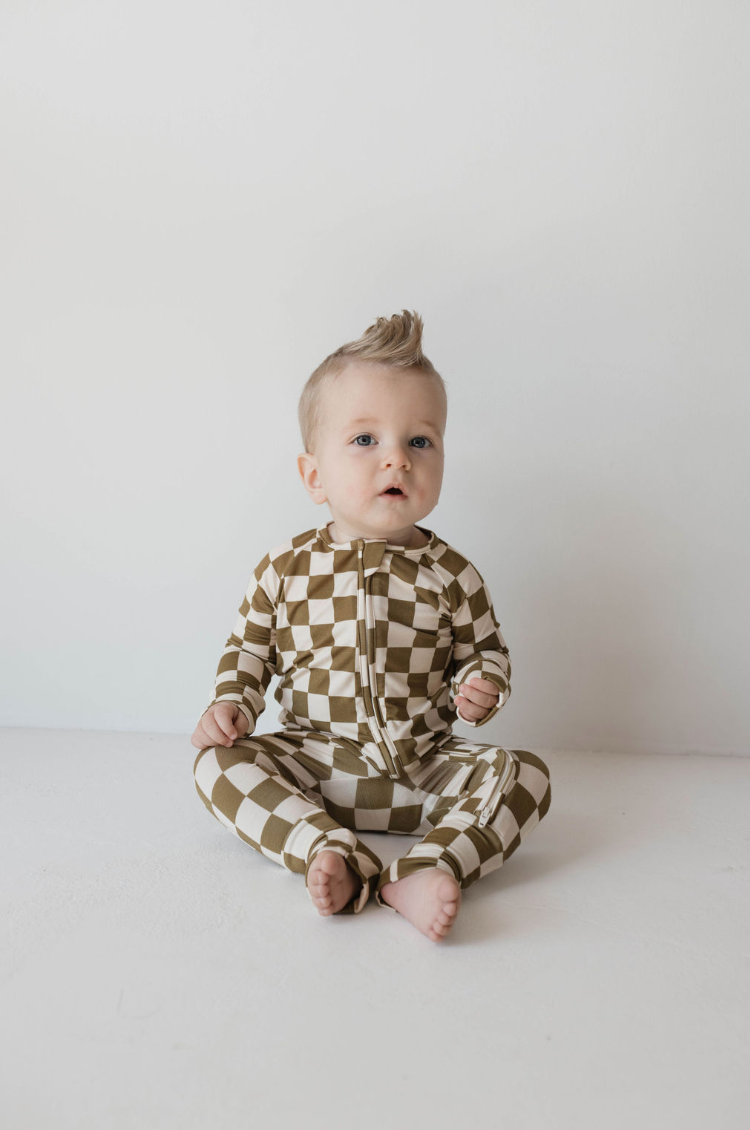 Olive Checkerboard Bamboo Zip Pajamas