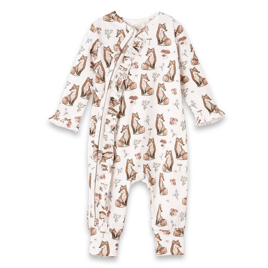 Bamboo Woodland Fox Baby Girl Zipper Romper with Ruffle