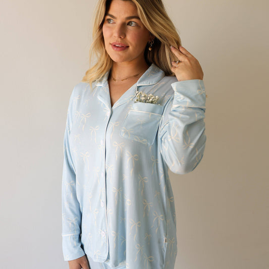 Women's Bamboo Button Up Lounge Set | Blue Bows