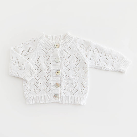 Heart Lace White Cotton Cardigan Sweater