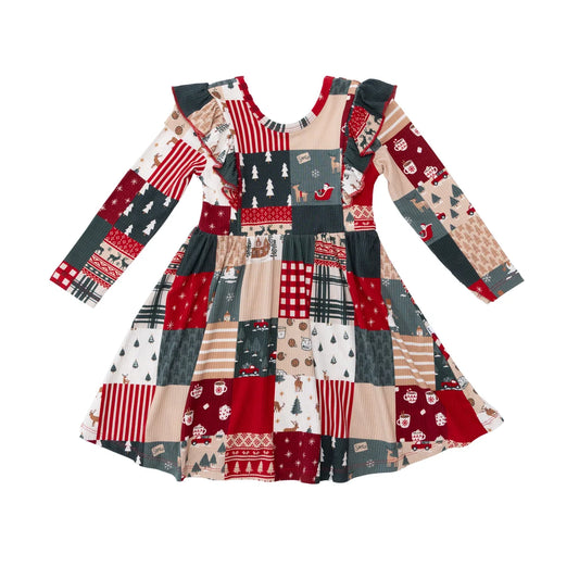 Patchwork Small Ribbed Ruffle Long Sleeve Dress
