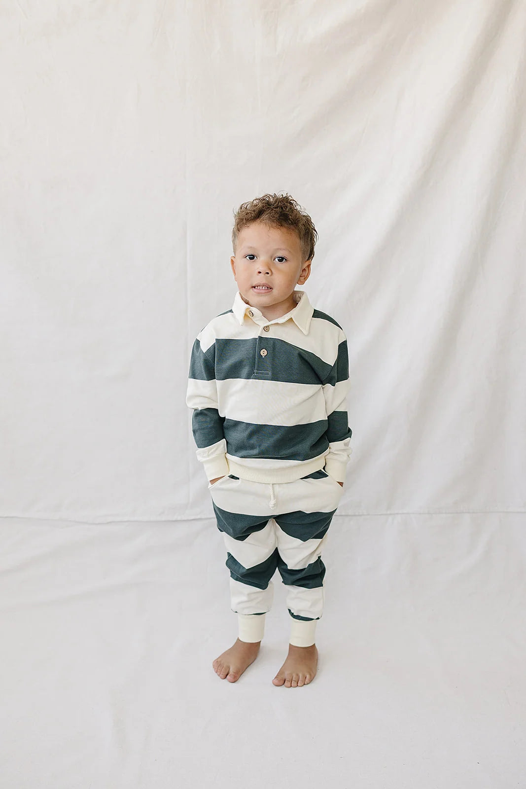 Green Stripe Collared French Terry Set