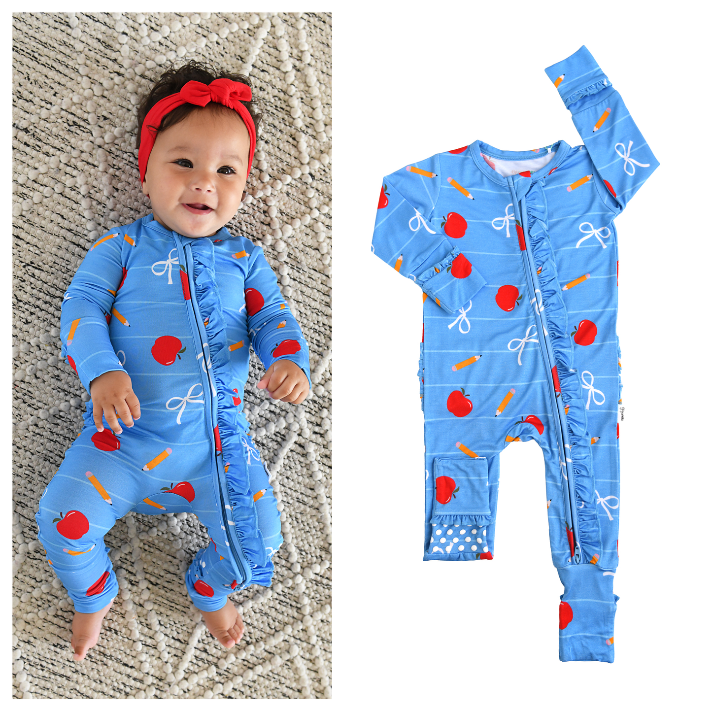 Quinn Apple Ruffle Zip Footies