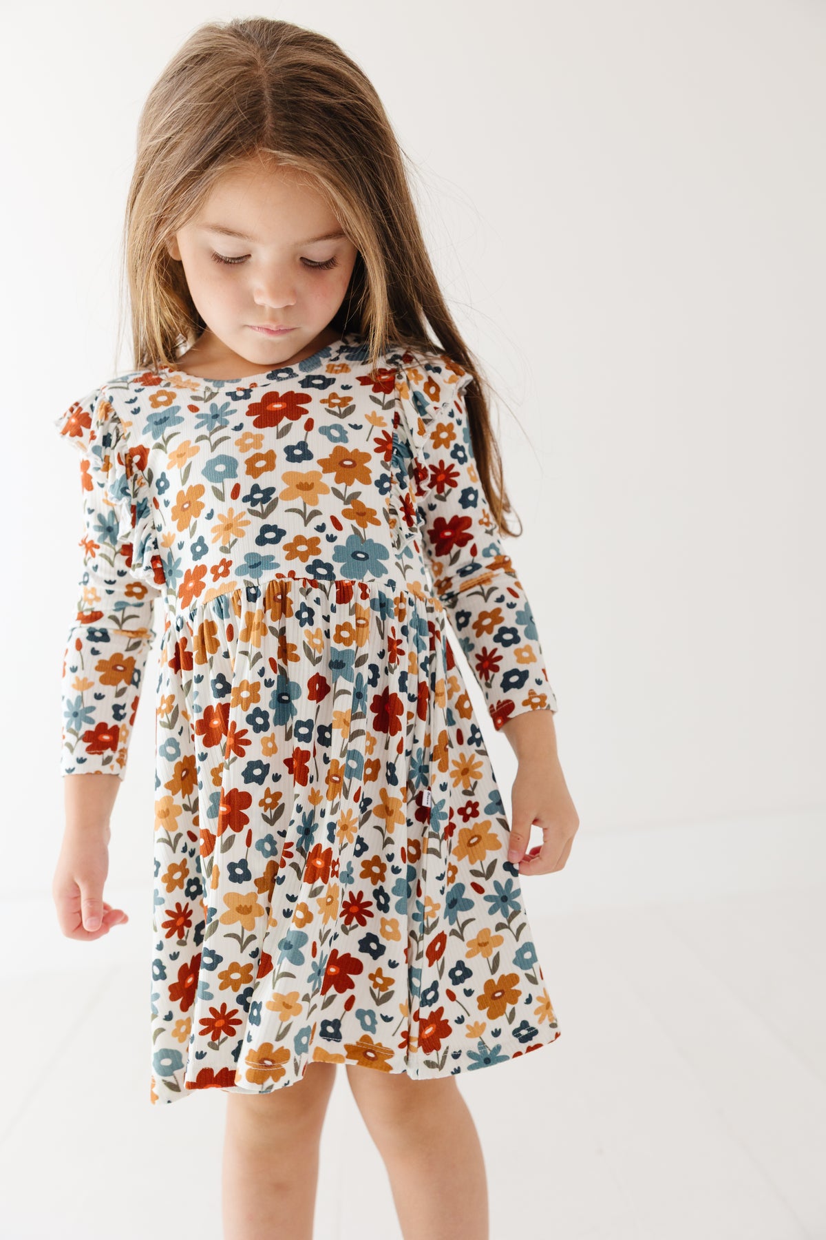Autumn Meadow Small Ribbed Ruffle Long Sleeve Dress