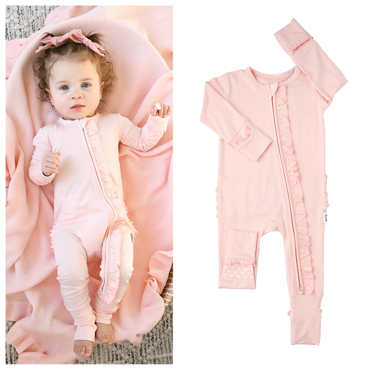 Light Pink Ruffle Zip Bamboo Zip Romper