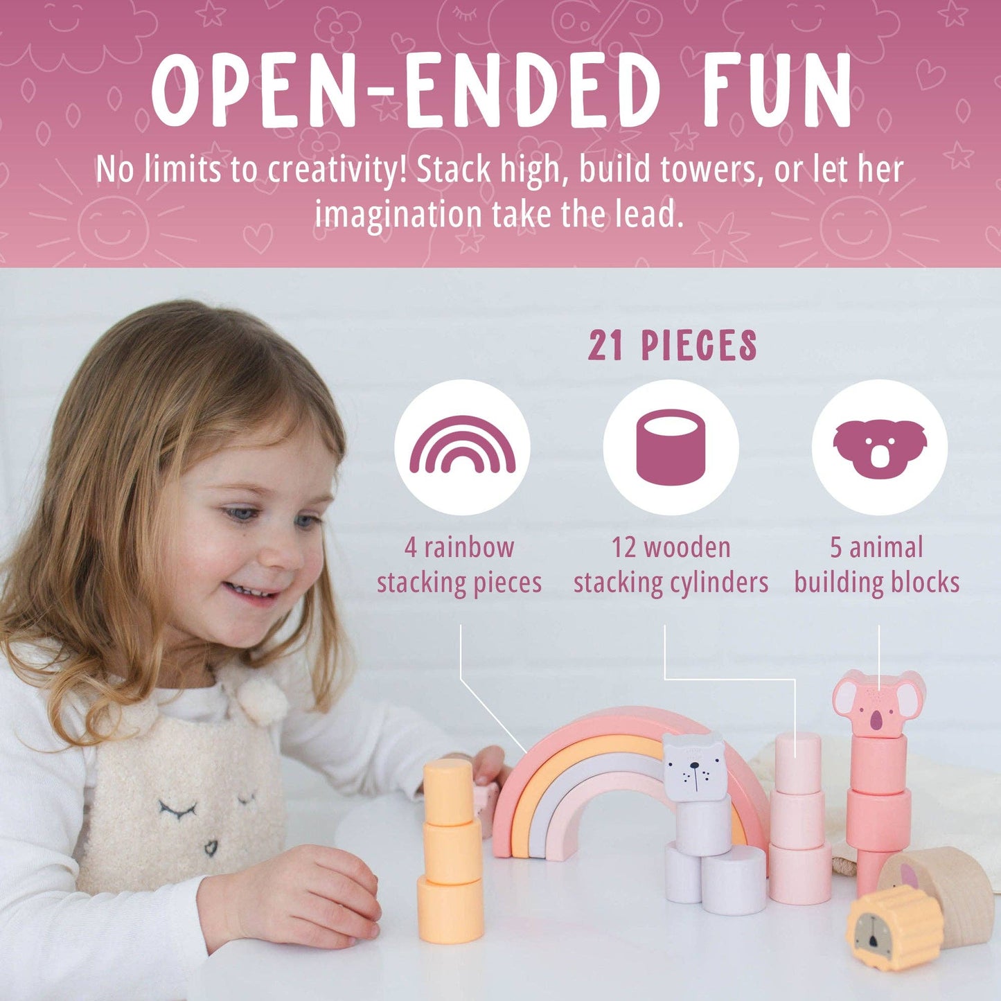 Pink Animal Stacking Set - 21 Pieces included with Storage Bag - Wooden Rainbow Stacker Gift for Girls