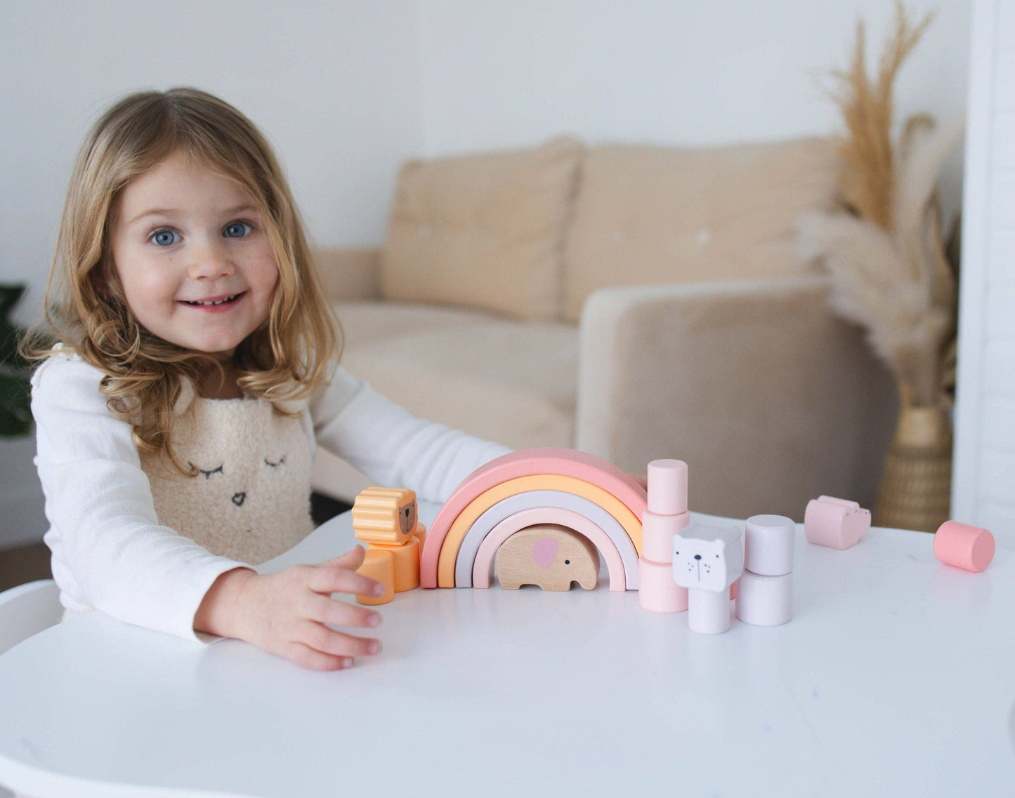 Pink Animal Stacking Set - 21 Pieces included with Storage Bag - Wooden Rainbow Stacker Gift for Girls