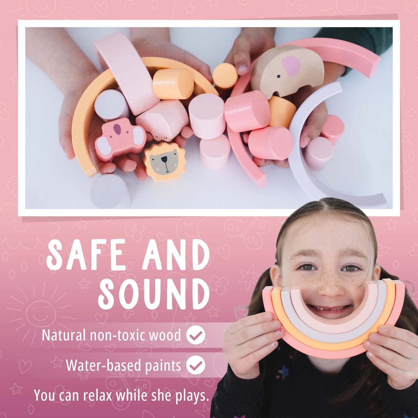 Pink Animal Stacking Set - 21 Pieces included with Storage Bag - Wooden Rainbow Stacker Gift for Girls