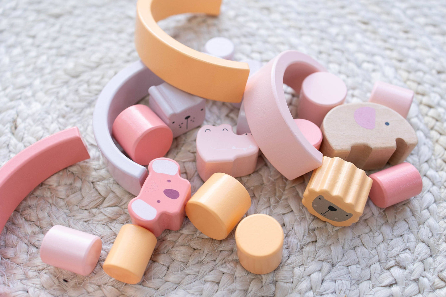 Pink Animal Stacking Set - 21 Pieces included with Storage Bag - Wooden Rainbow Stacker Gift for Girls