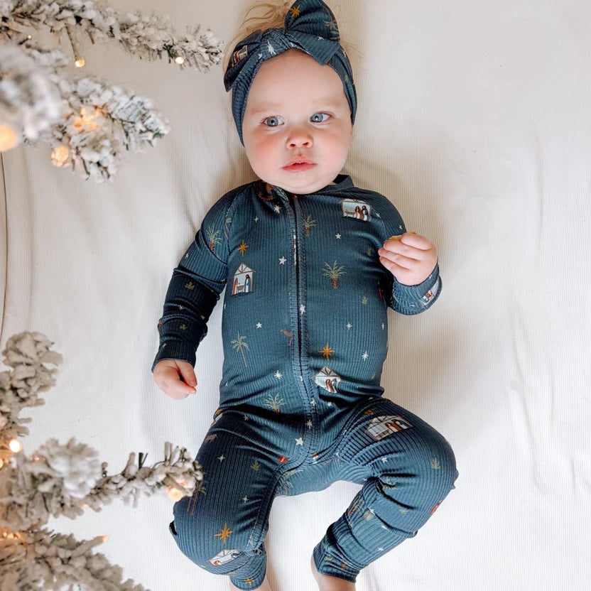 Nativity Blue Small Ribbed Zip Romper